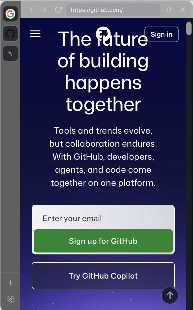 SideView panel showing the real GitHub website